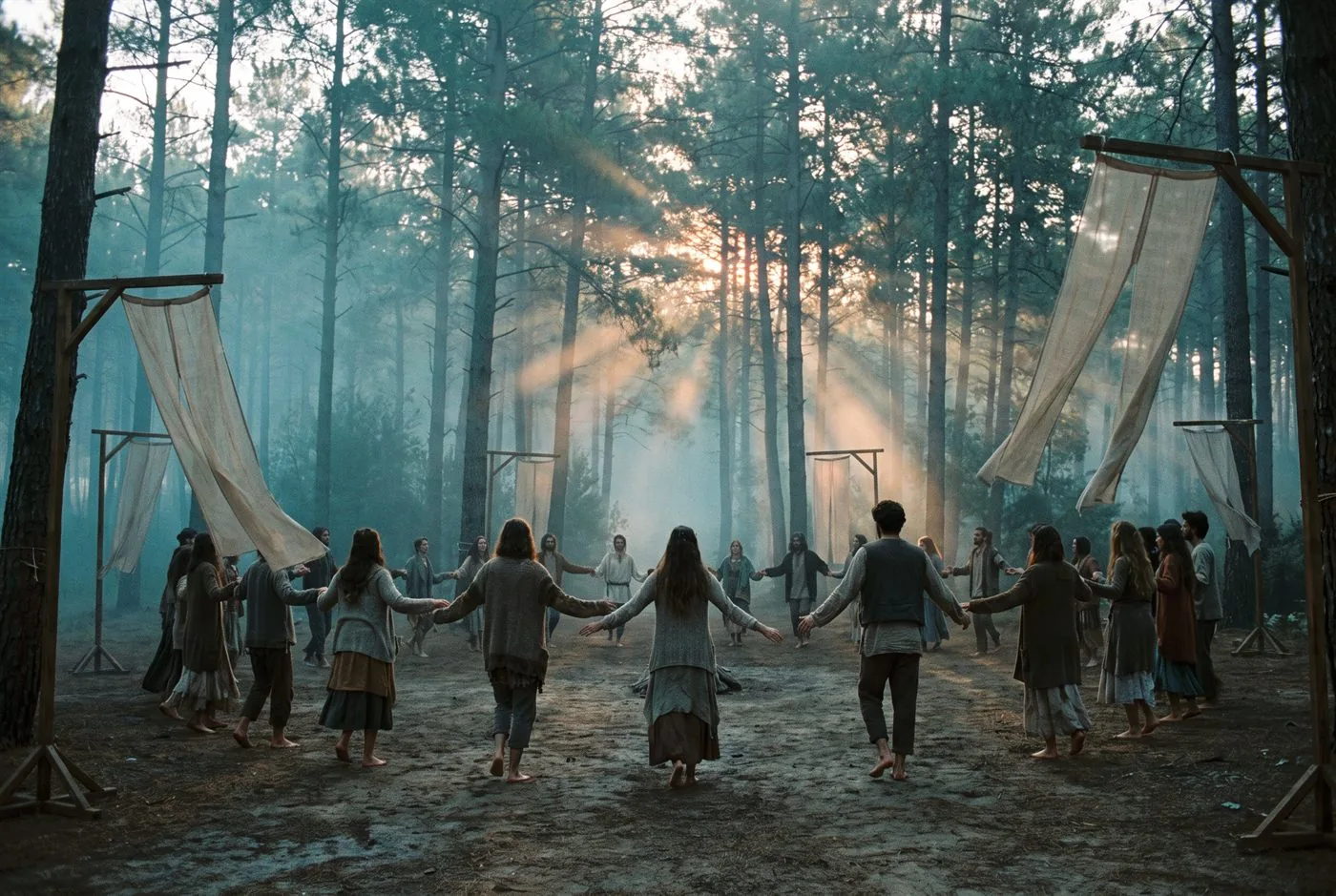Círculo de personas al amanecer entre pinos